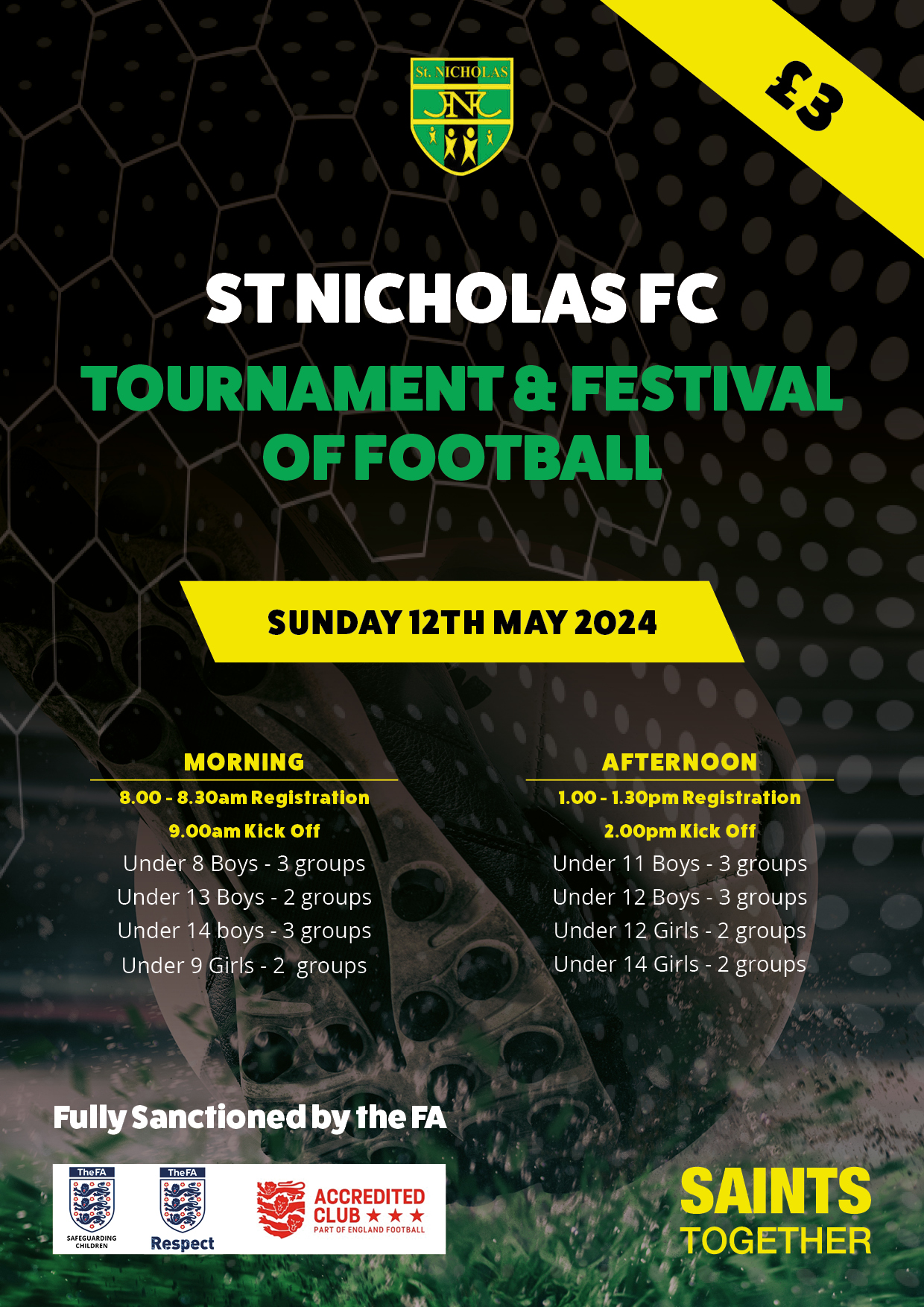 front cover of St Nicholas FC tournament programme for Sunday 12th May 2024, detailing who's playing by age group